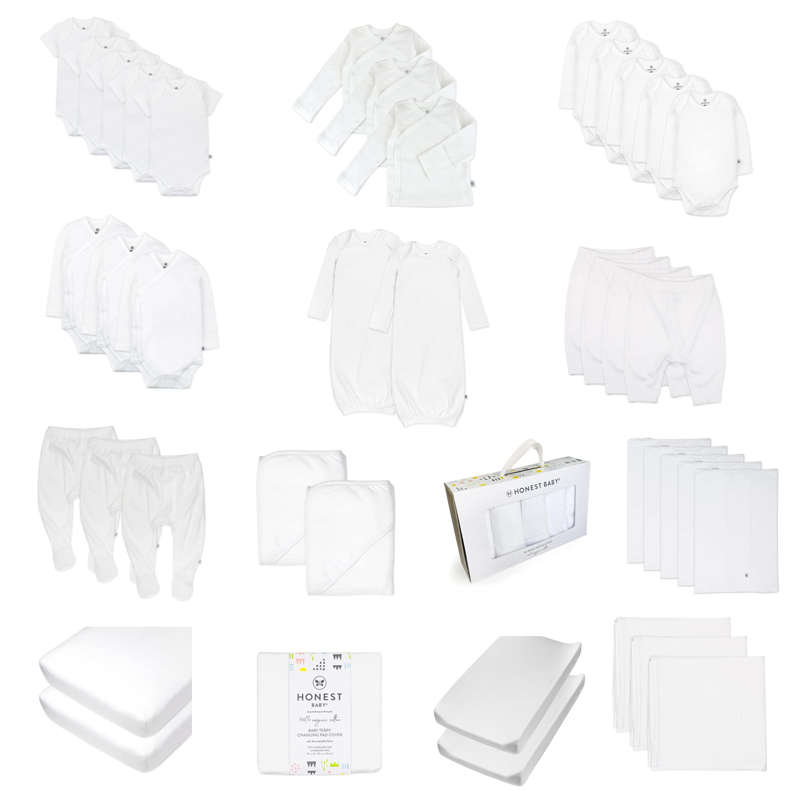 HonestBaby 50-Piece Organic Cotton Newborn Essentials Gift Set - 100% Soft Baby Clothes for Boys, Girls & Unisex Infants | Perfect Baby Shower Gift & First Outfit
