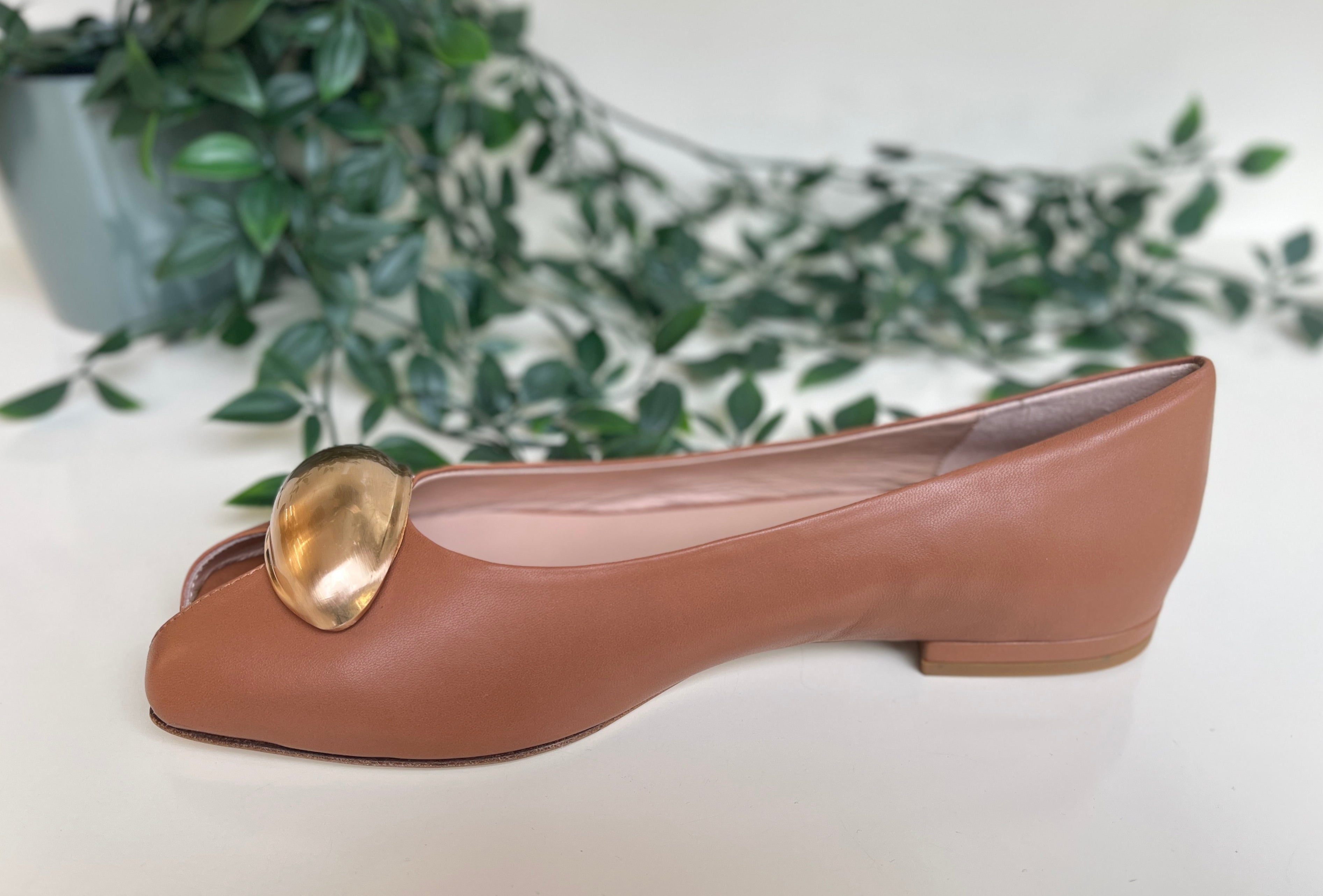 Fabucci Women's Tan Leather Peep Toe Ballet Flats - Comfortable Slip-On Shoes for Work, Office & Casual Wear