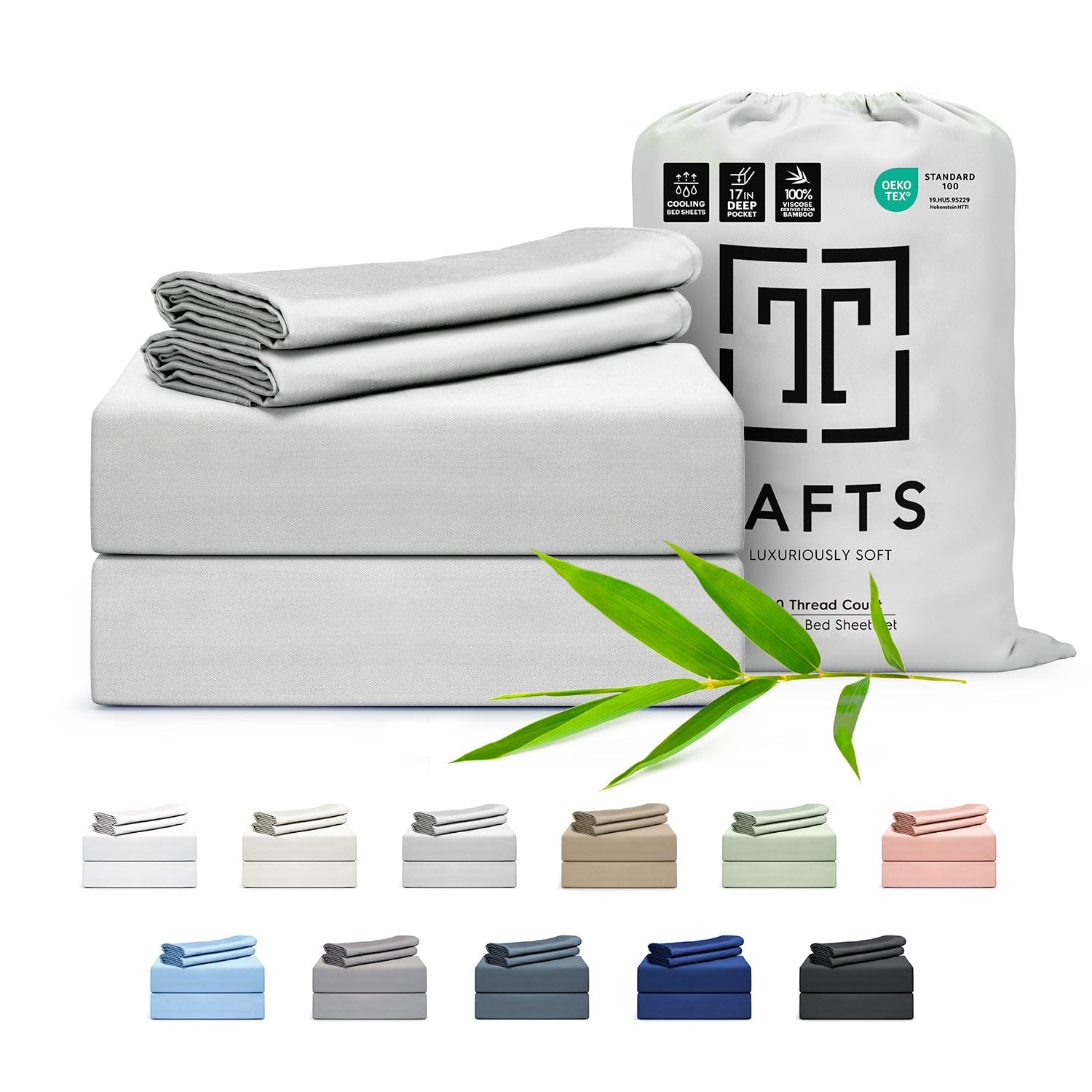 Tafts 100% Bamboo Viscose Twin Sheet Set - Ultra Soft & Cooling Bed Sheets with Double Stitched Edges - Lifetime Quality Guarantee (Light Grey) - Perfect for Hot Sleepers & Eco-Friendly Bedrooms
