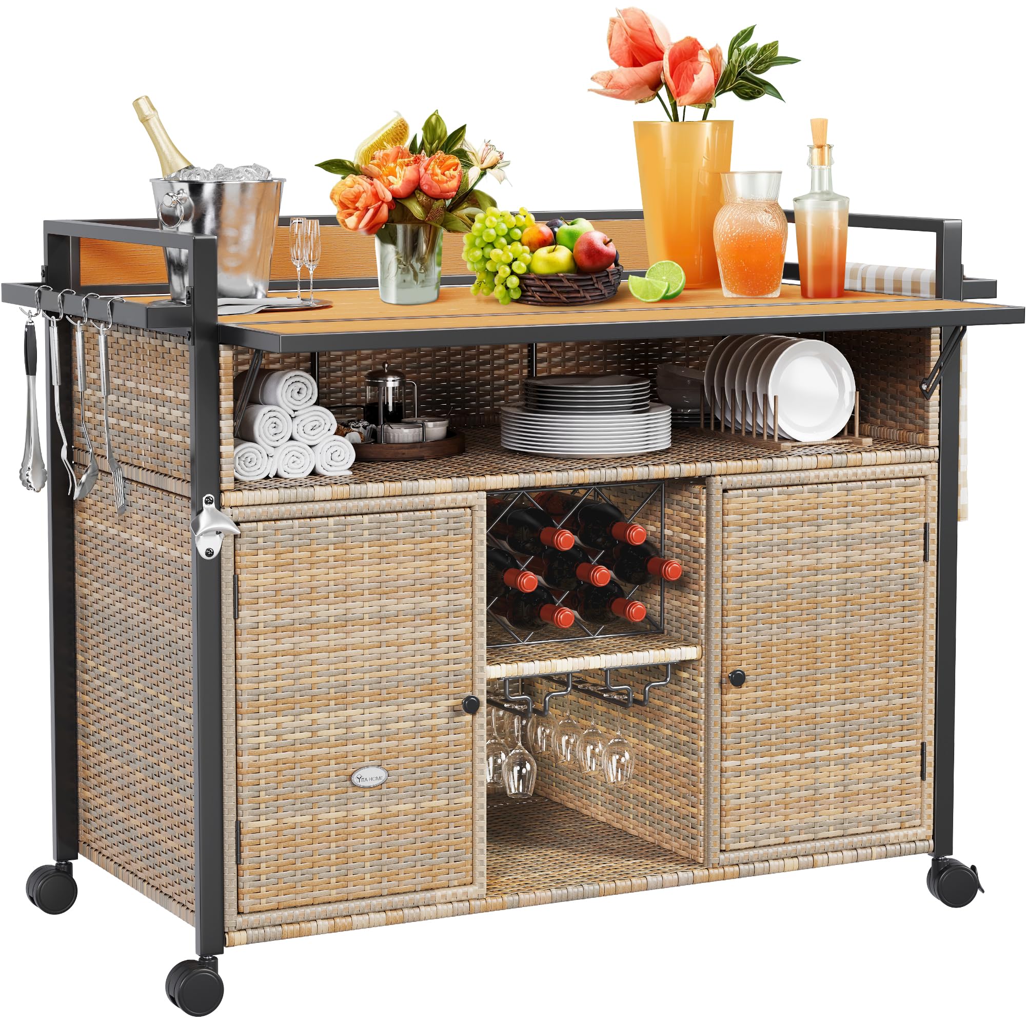 YITAHOME XL Outdoor Kitchen Island Rolling Cart with Wicker Storage Cabinet, Wheels & Plastic Wood Table Top - Light Yellow Gradient - Perfect for Patio, Garden, Poolside & Outdoor Entertaining