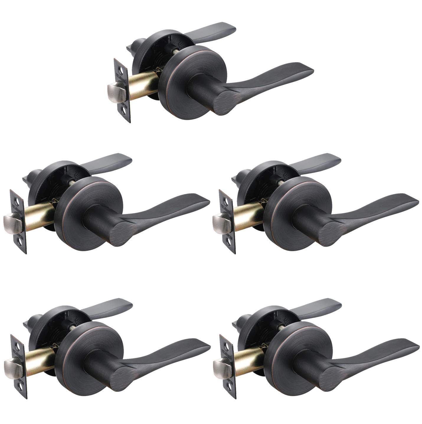 5-Pack Heavy Duty Contemporary Passage Lever Door Handle Set - Non-Locking Reversible for Left/Right Doors - Oil Rubbed Bronze Finish - Perfect for Hallways, Closets & Interior Doors