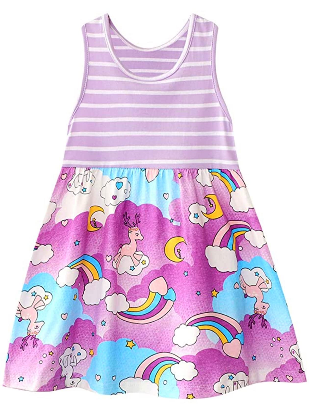 HILEELANG Girls' Cotton Sleeveless Summer Dress - Floral Print Jumper Skirt for Kids | Casual Playdate, Beach Outing & Birthday Party Outfit