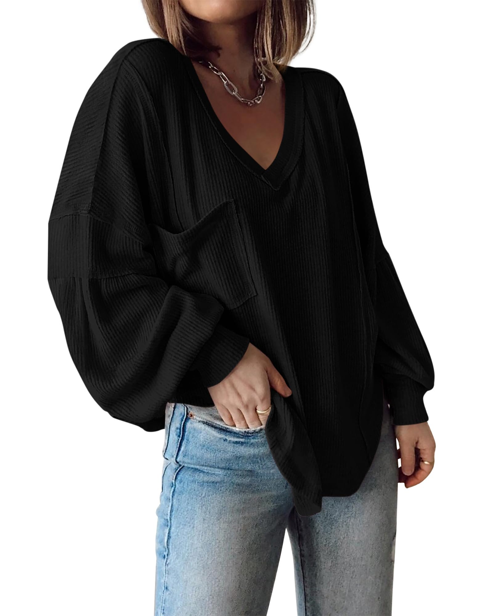 BTFBM Women's Ribbed Long Sleeve V-Neck Pullover Knit Top - Trendy Loose Fit Tunic Blouse for Spring & Summer 2025 - Perfect for Casual Outfits, Layering and Office Wear