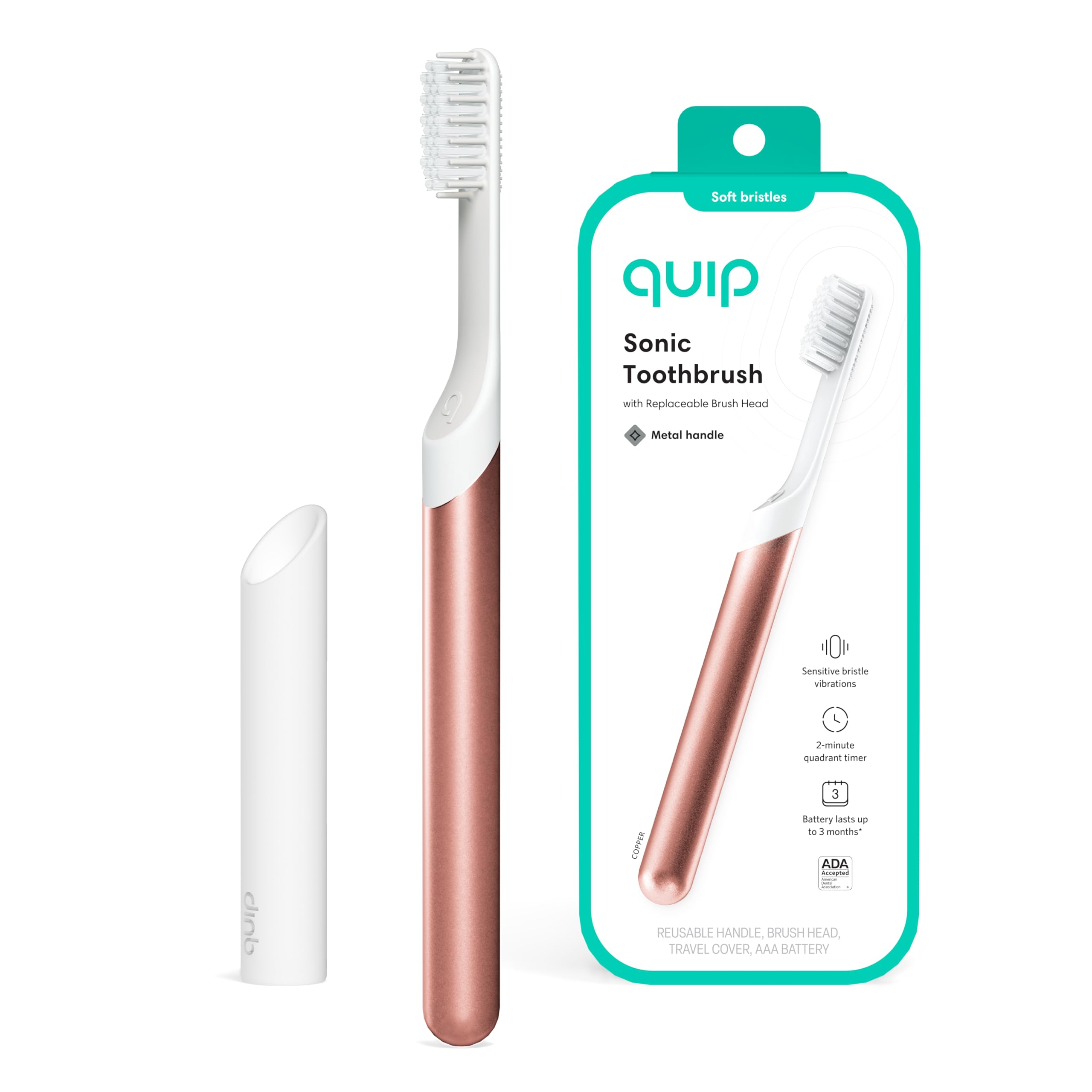 Quip Adult Electric Toothbrush - Sonic Rechargeable Toothbrush with Travel Case, Soft Bristles, 2-Minute Timer & Metal Handle (Copper) - Perfect for Travel, Home & Daily Oral Care