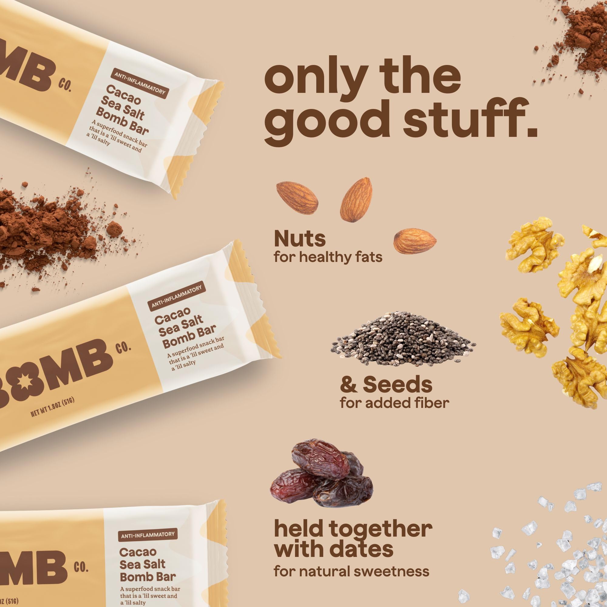 The Bomb Co. Blender Bomb Bar - Cacao Sea Salt Superfood Snack Bar with Almond Butter, Hemp, Chia & Flax Seeds | Vegan Chocolate Chips & Antioxidant-Rich Cacao Powder | Gluten-Free Energy Bars (9 Count) - Perfect for Post-Workout Recovery & Healthy On-the-Go Snacking