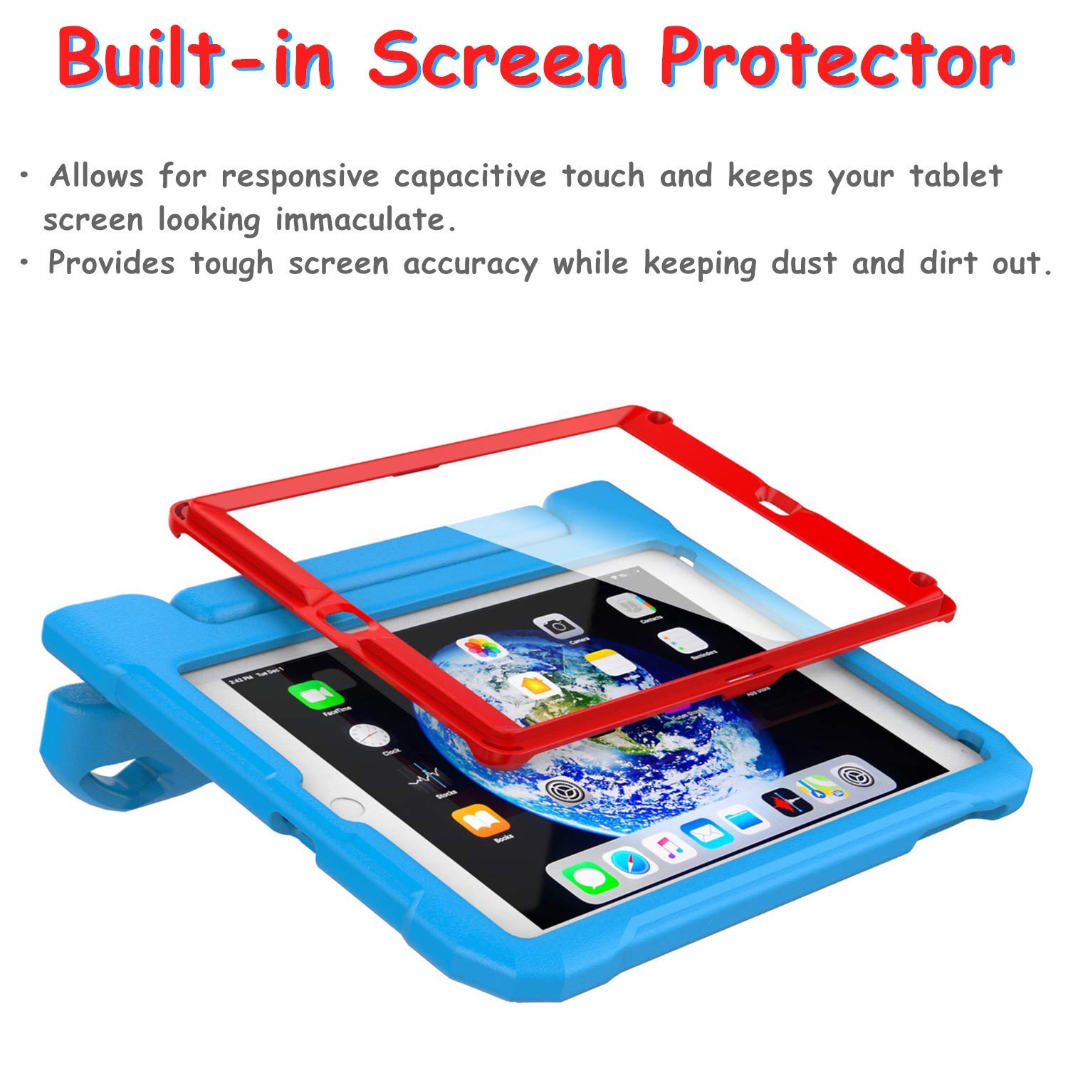 Shockproof Kids iPad Case for iPad 9.7-inch (6th/5th Gen & Air/Air 2) - Lightweight Convertible Stand Cover with Built-in Screen Protector, Handle - Blue & Red - Perfect for School, Travel & Home Learning