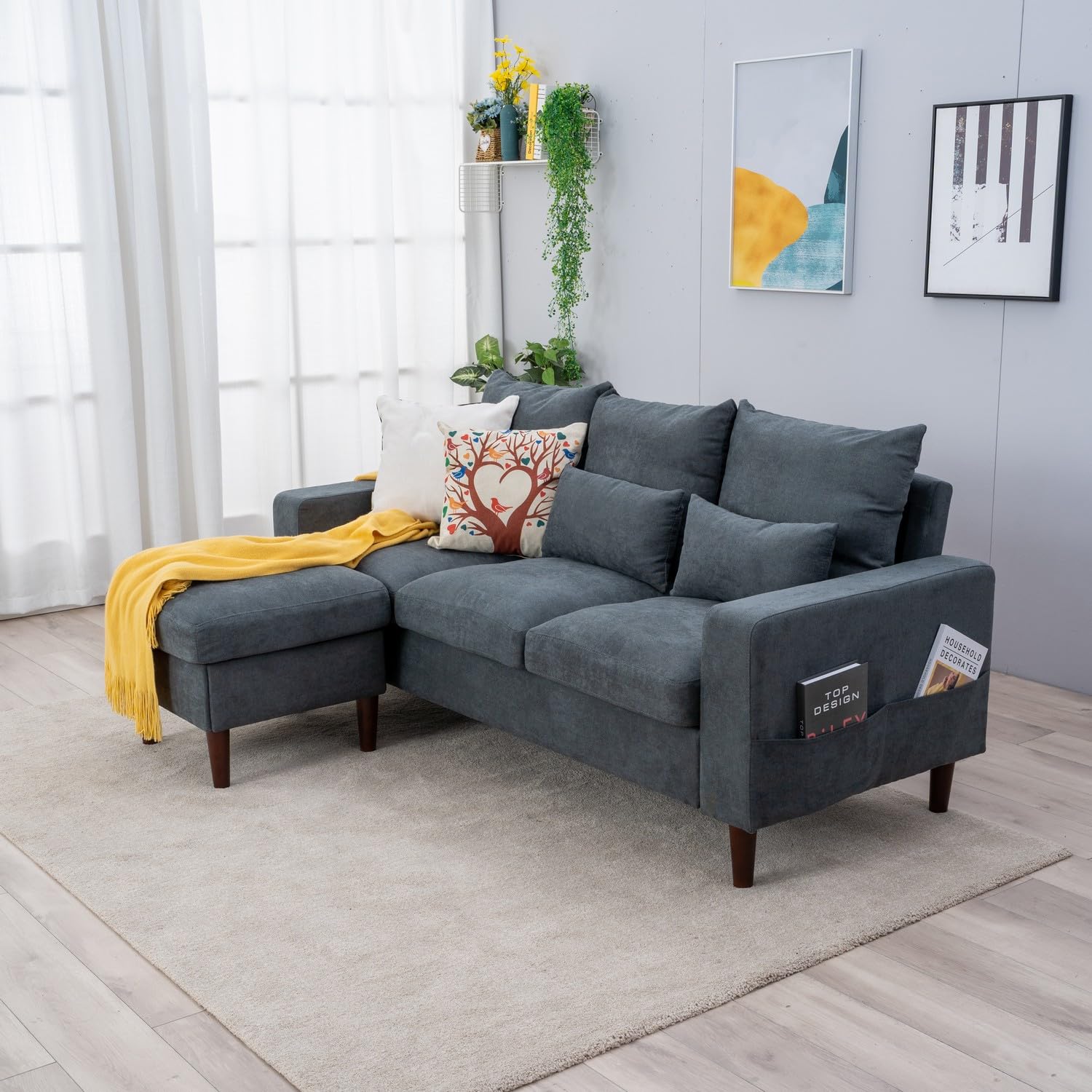 Panana Luckycloud Reversible L-Shaped Sectional Sofa - 3-Seater Corner Couch for Small Spaces, Grey - Perfect for Apartments, Living Rooms & Home Theater Seating