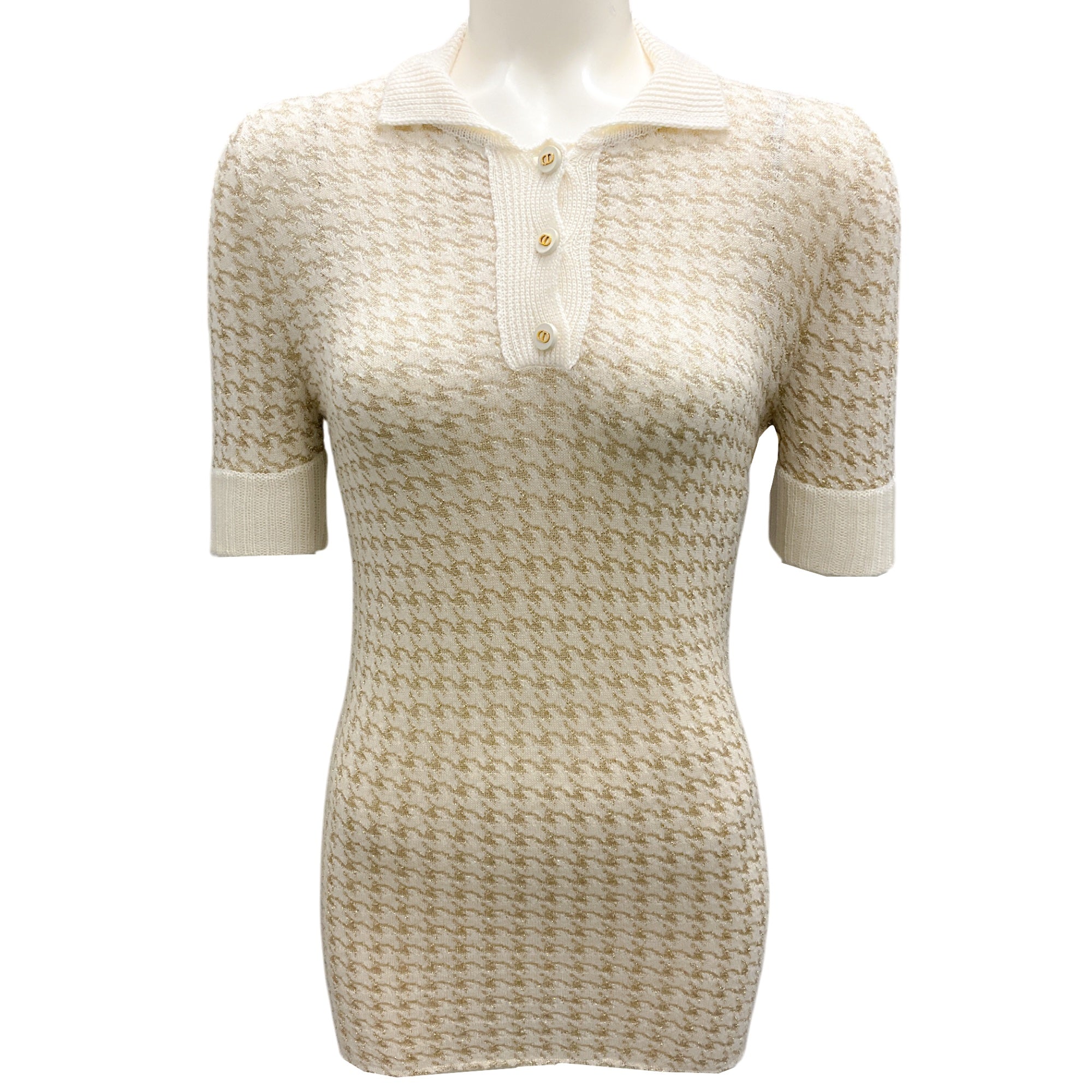 Christian Dior Ivory & Gold Metallic Cashmere Polo Sweater - Short Sleeve Houndstooth Knit Top for Women | Perfect for Office Wear & Luxury Casual Outings