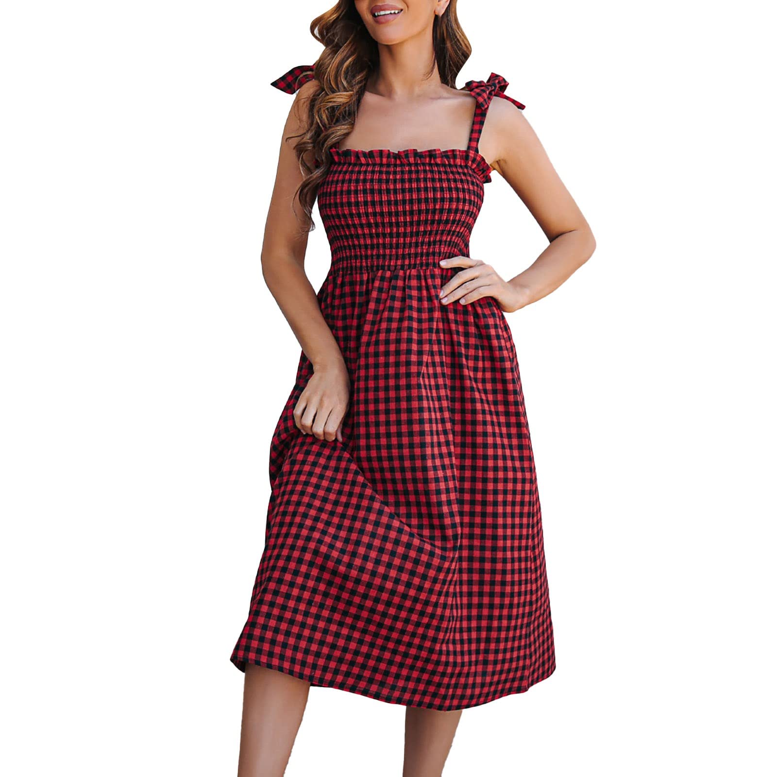Women's Summer Spaghetti Strap Mini Dress - Plaid Tiered Ruffle Loose Short Flowy Pleated Party Dress | Casual Outing, Beach Wear, Date Night & Special Occasions