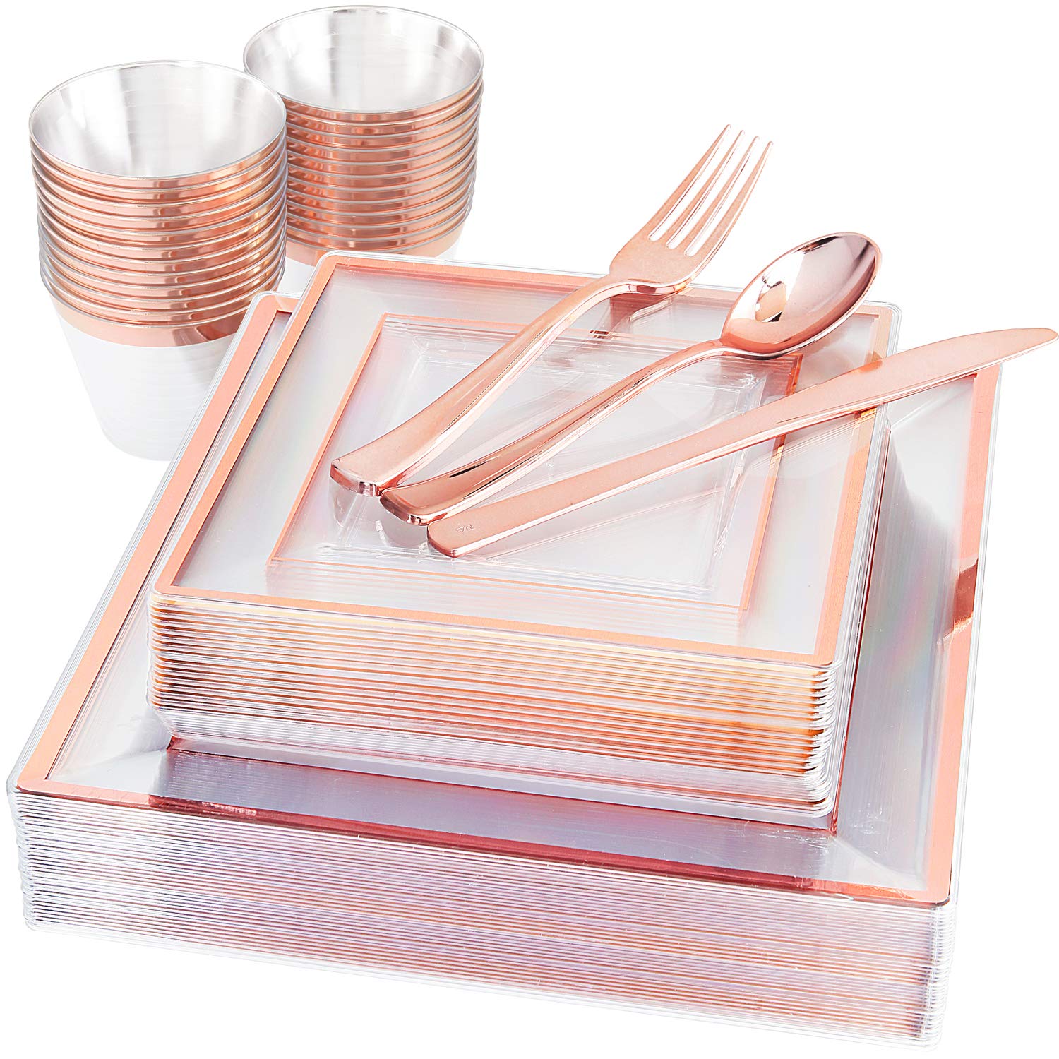 WELLIFE 150-Piece Rose Gold Disposable Plastic Dinnerware Set - 25 Square Dinner Plates, 25 Dessert Plates, 25 Cups, 25 Forks, 25 Knives, 25 Spoons - Elegant Party Tableware for Weddings, Birthdays & Events