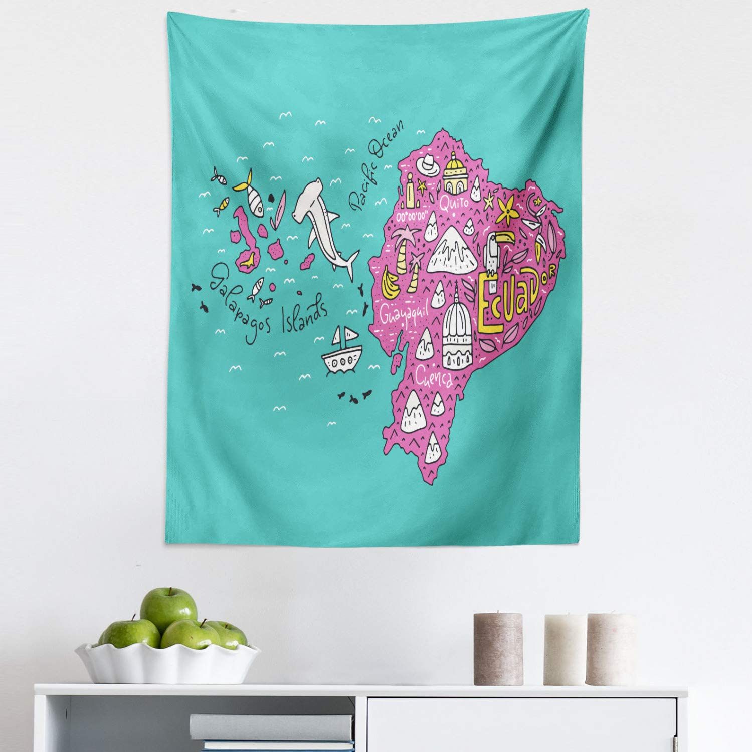 Ambesonne Ecuador Map Tapestry - Colorful Doodle Wall Art Decor for Bedroom, Living Room & Dorm | 23
