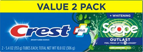 Crest +X 40mm Outlast Complete Whitening Toothpaste, Mint Flavor, 5.4 Oz (Pack of 2) - Long-Lasting Freshness for Brighter Teeth - Perfect for Daily Oral Care & Travel