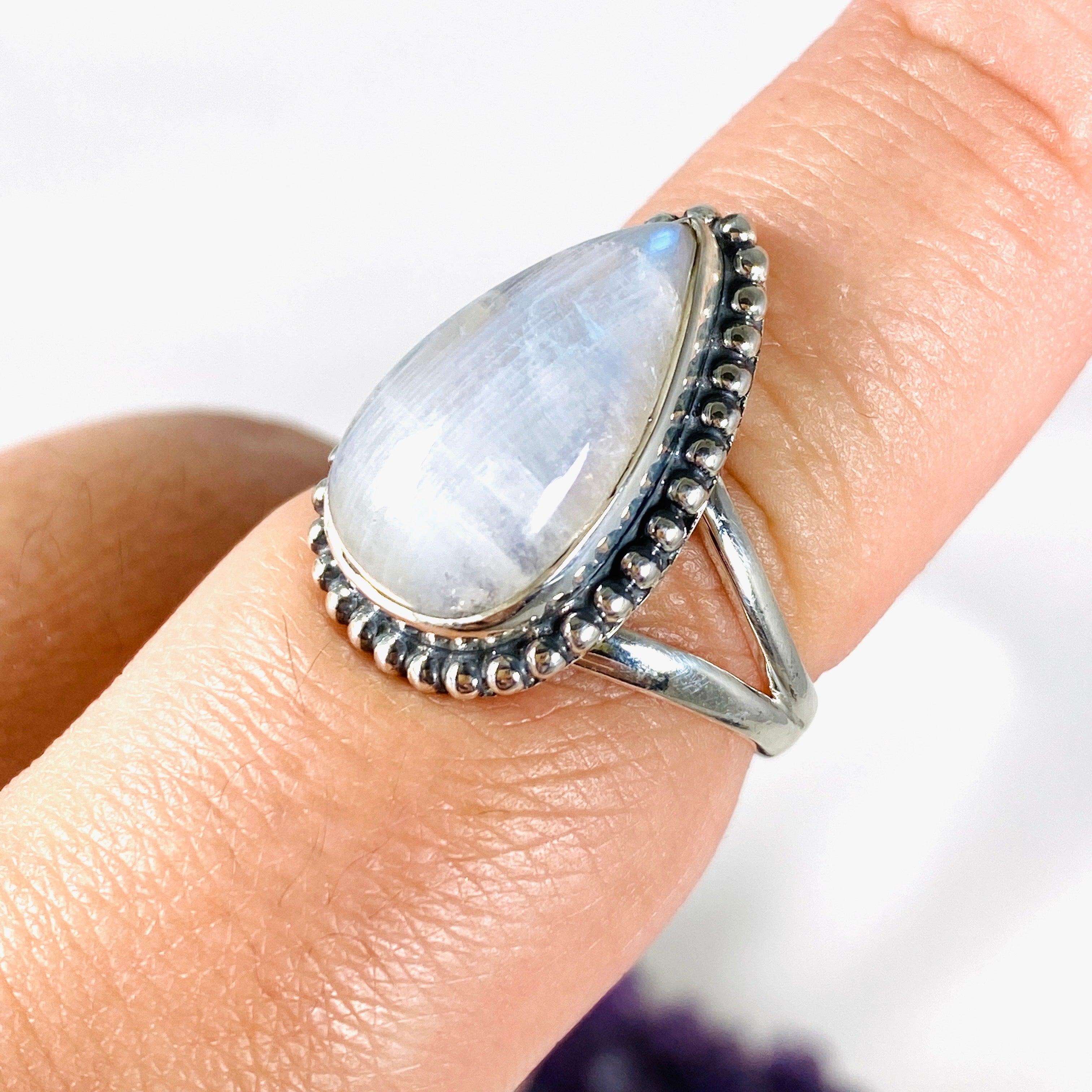 Moonstone Teardrop Ring with Sterling Silver Detailing - Elegant Dainty Jewelry for Women, Perfect for Weddings, Anniversaries & Everyday Wear | KRGJ3019