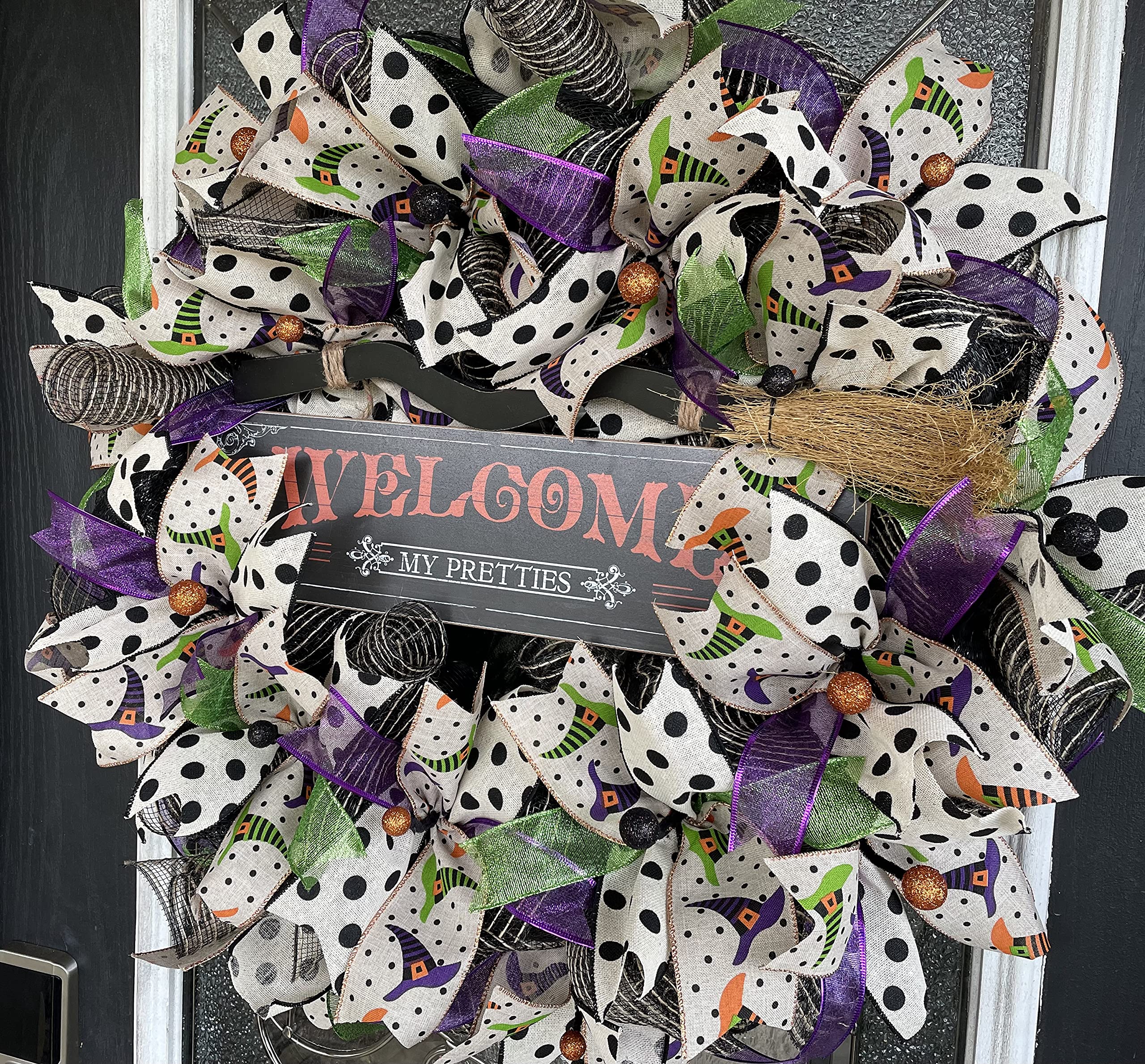 XL Welcome My Pretties Witch & Broom Halloween Wreath - Spooky Front Door Decor for Porch, Patio, Indoor & Outdoor - Perfect for Halloween Party Decorations & Home Welcome Decor