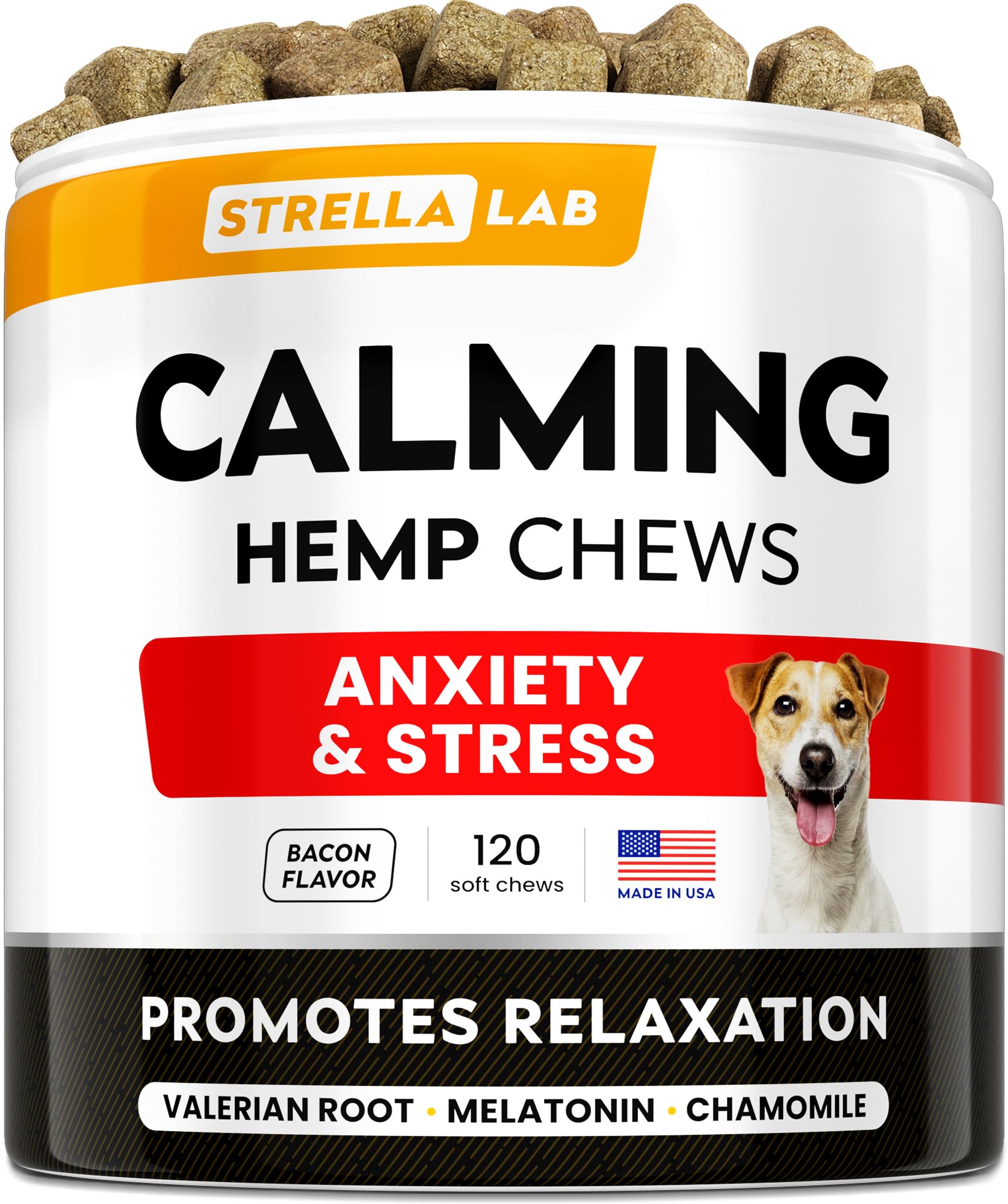 Natural Hemp Calming Chews for Dogs with Melatonin & Hemp Oil - Anxiety Relief Treats for Separation, Barking, Thunderstorms & Stress - Advanced Dog Calming Supplement - 120 Count Bacon Flavor - Perfect for Travel, Vet Visits & Fireworks Anxiety