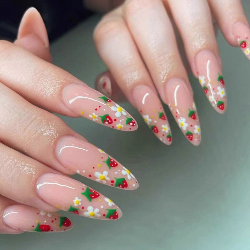 24-Piece Detachable Long Stiletto Fake Nails with Glitter Designs - French False Nails with Glue - Almond-Shaped Press-On Artificial Nails for Parties, Weddings & Special Occasions