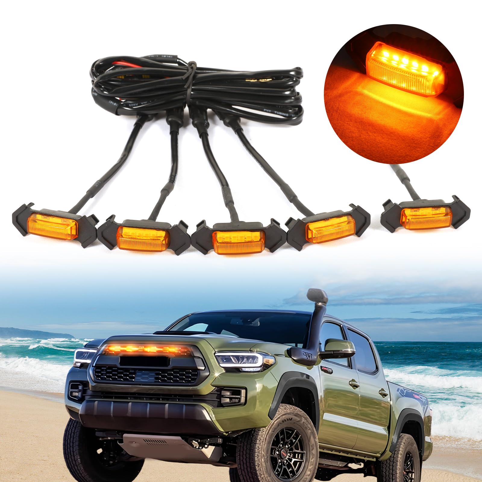 5PCS Amber LED Grill Lights for Toyota Tacoma 2015-2023 TRD-Pro & Aftermarket Grills - Waterproof Off-Road Lighting for Trucks, SUVs, ATVs - Perfect for Night Driving, Camping & Outdoor Adventures