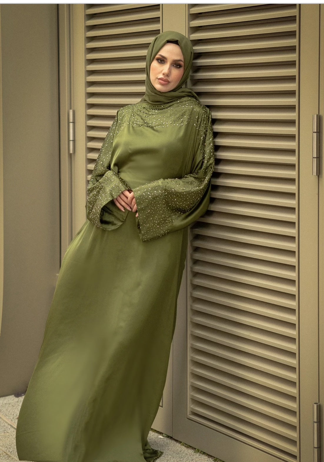 Zadina Embellished Kaftan Abaya Set in Olive - Elegant Islamic Dress for Women, Perfect for Eid, Ramadan & Special Occasions