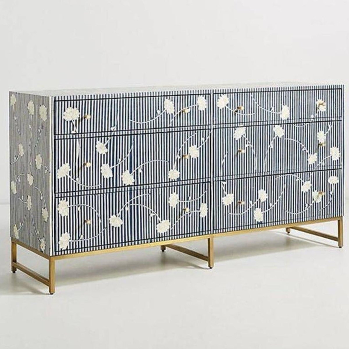 Handmade Blue Bone Inlay Dresser with 6 Drawers - Floral Motif Design for Bedroom, Living Room & Home Decor