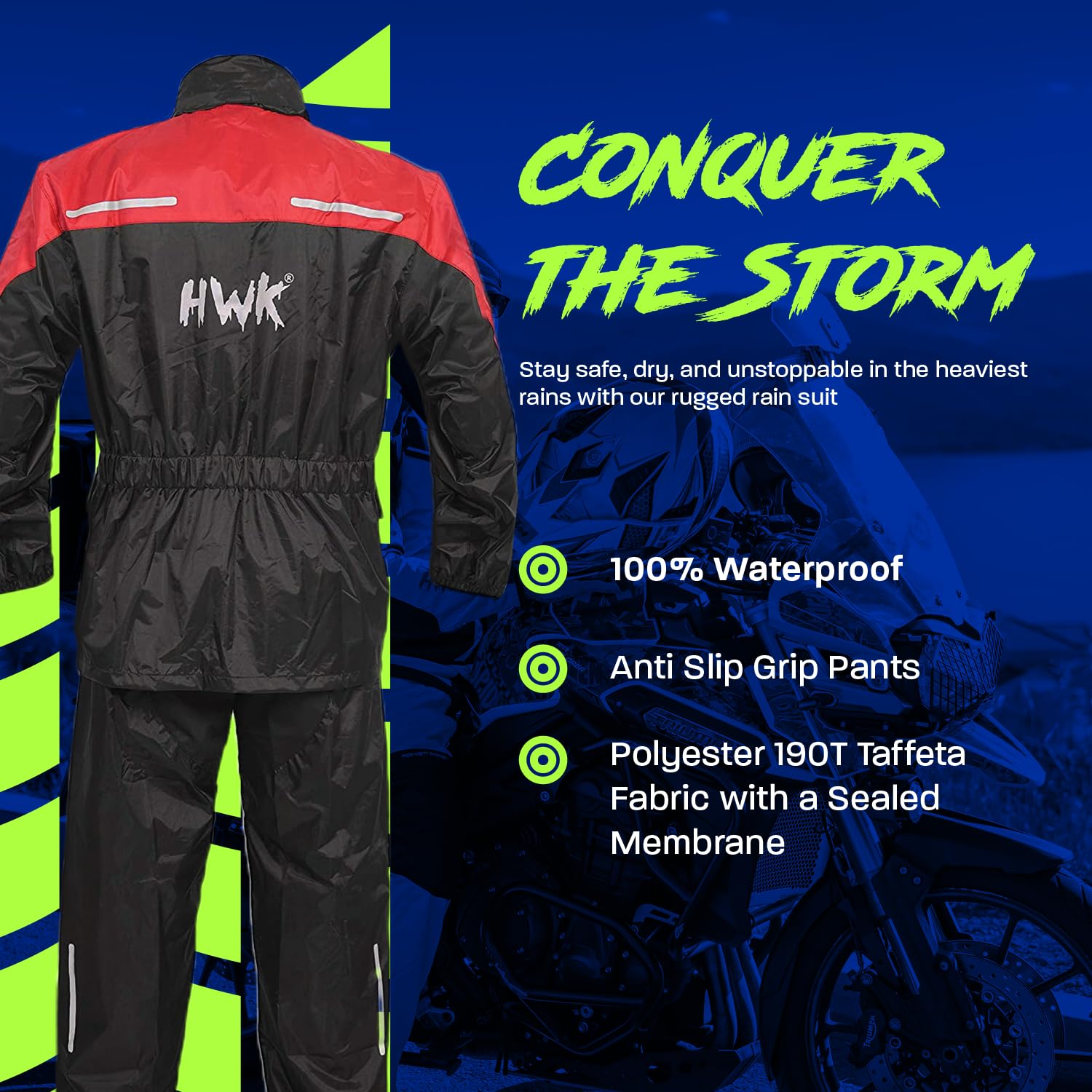 HWK Motorcycle Rain Suit for Men & Women - Waterproof 2-Piece Riding Gear with Reflective Jacket & Pants - All-Season Weatherproof Protection for Motorcycles, Bikes & Scooters - Red, X-Large - Ideal for Commuting, Touring & Adventure Riding in Rainy Weather