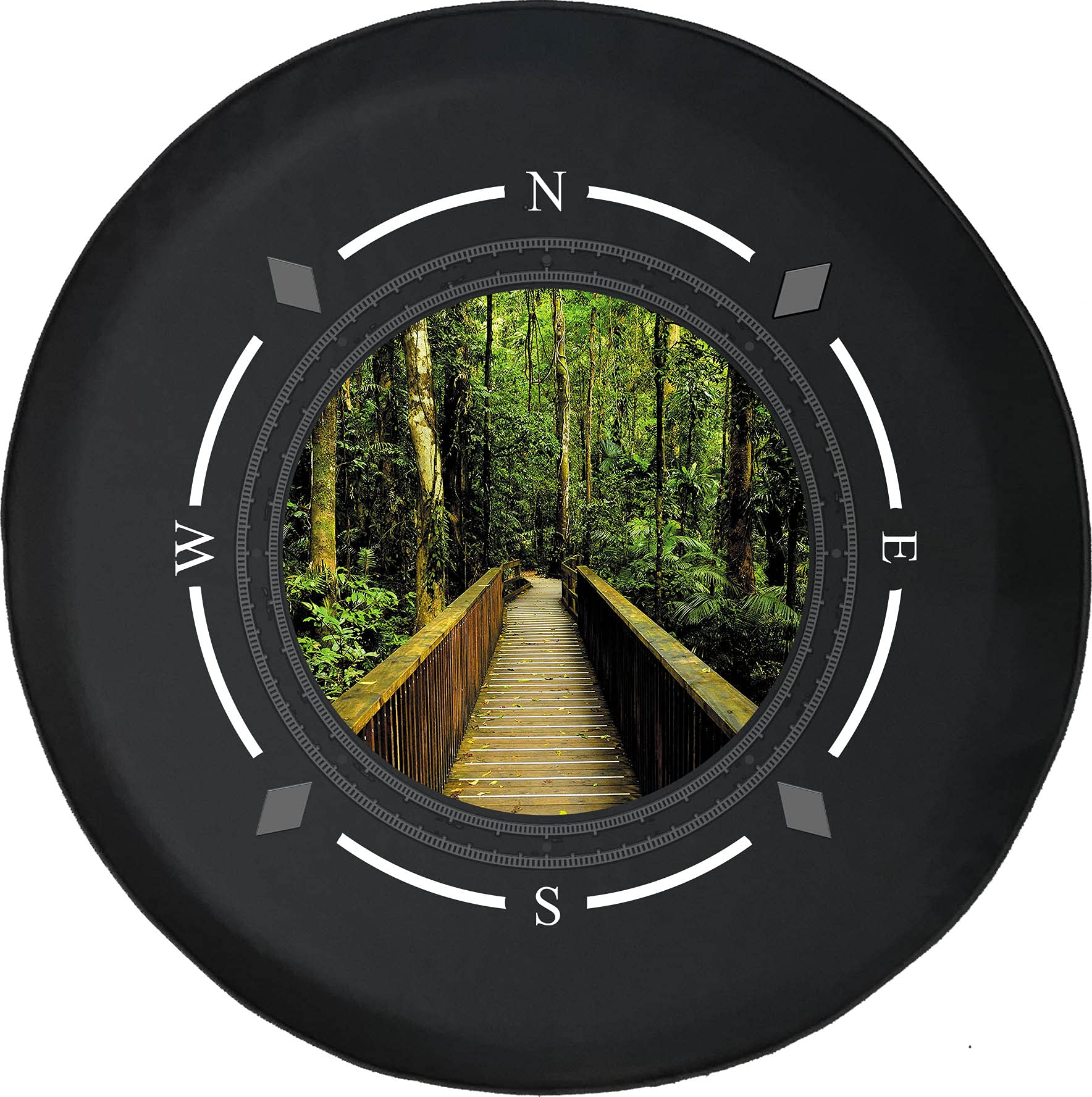 Premium American Unlimited Spare Tire Cover with Compass & Wooden Scenic Bridge Design - Waterproof Rainforest Wheel Cover for SUV, Trailer, RV Accessories & Most Vehicles - Perfect for Off-Road Adventures & Camping Trips