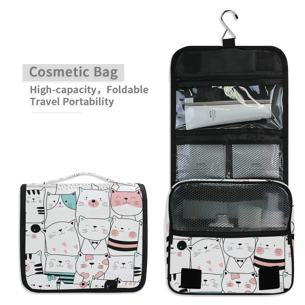 MOYYO Cute Cartoon Cat Travel Hanging Toiletry Bag - Waterproof Cosmetic Makeup Organizer Pouch for Women & Men - Perfect for Shower, Gym, Camping & Vacation Trips