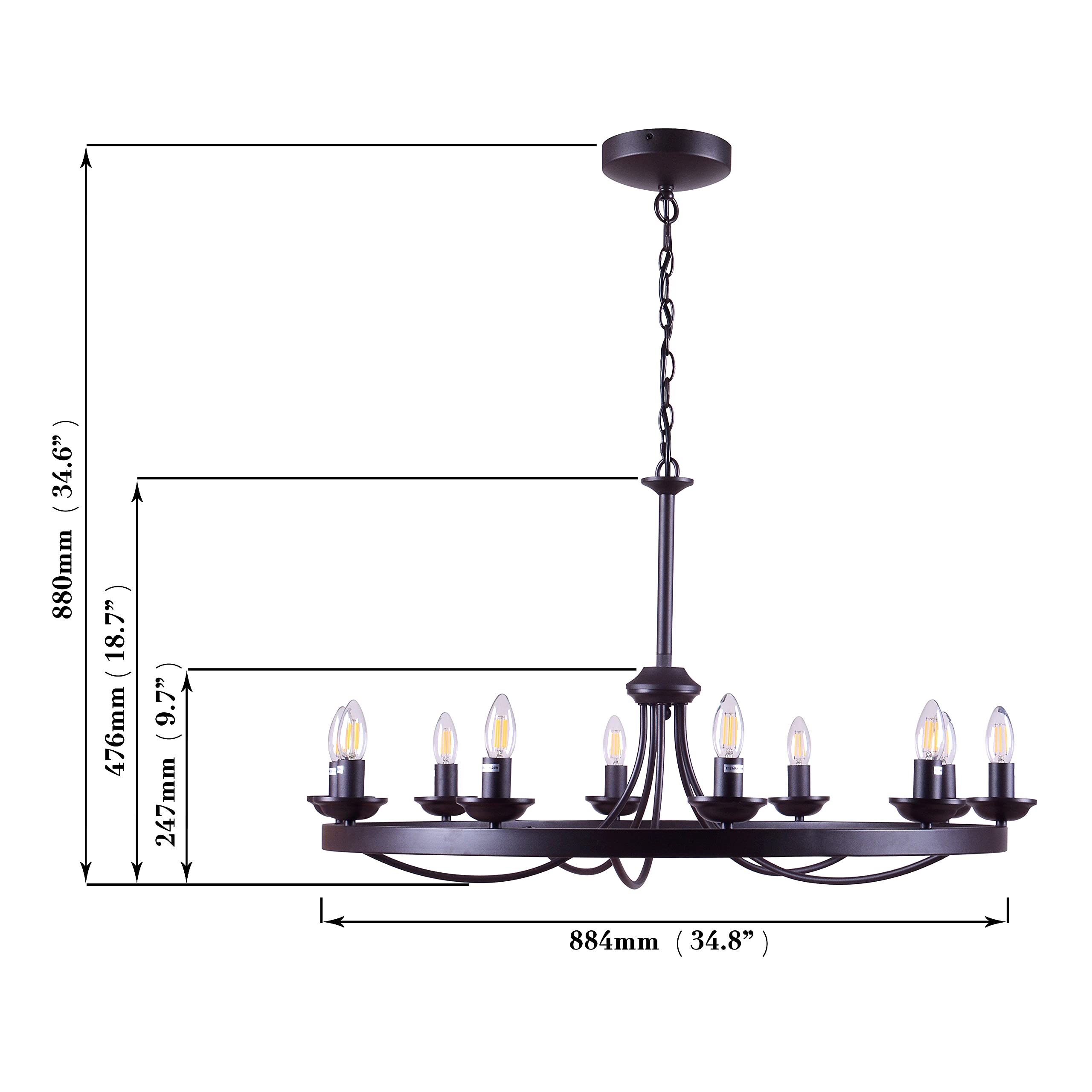 Erica 10-Light Candle Style Wagon Wheel Chandelier - Rustic Farmhouse Ceiling Light Fixture for Dining Room, Living Room & Bedroom Decor