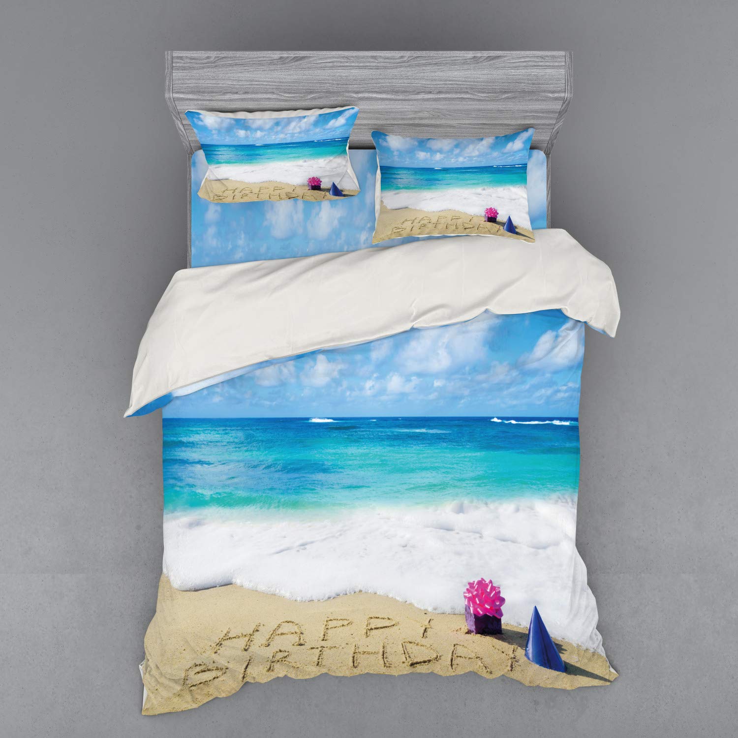 Ambesonne Birthday Duvet Cover Set - Happy Birthday Celebration Beach Theme with Party Hats & Gifts, 4-Piece Queen Size Bedding Set with Shams & Fitted Sheet in Blue, Pale Brown & Pink - Perfect for Birthday Parties, Beach-Themed Bedrooms & Gift Giving
