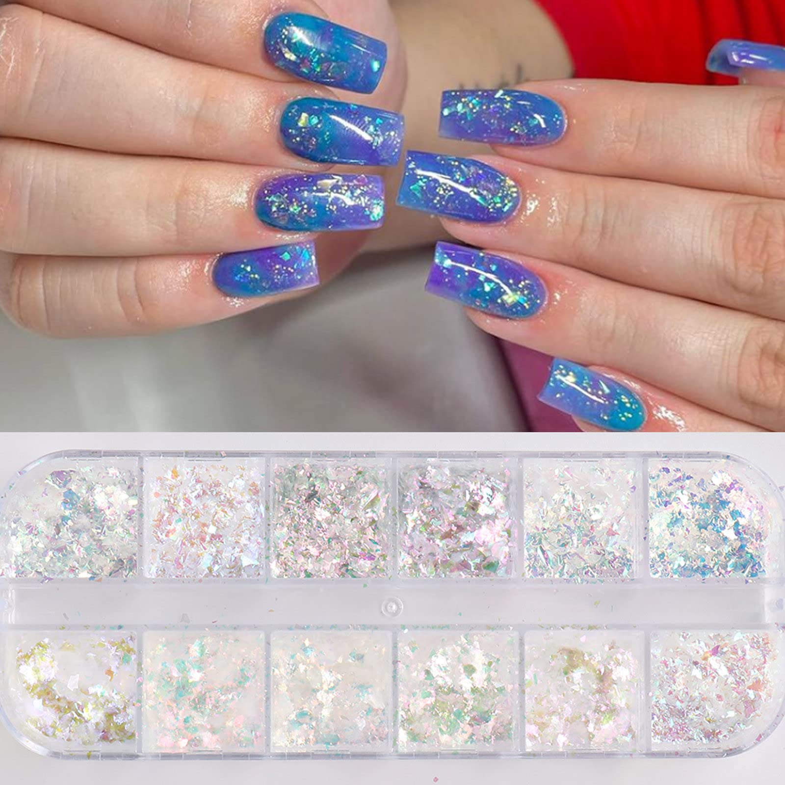 Peorpel Holographic Mermaid Nail Glitter Set - 12 Grids Nail Sequins & Flakes for Nail Art, Manicure Tips | Iridescent Shiny DIY Nail Decoration for Women & Girls | Perfect for Parties, Weddings, and Special Occasions