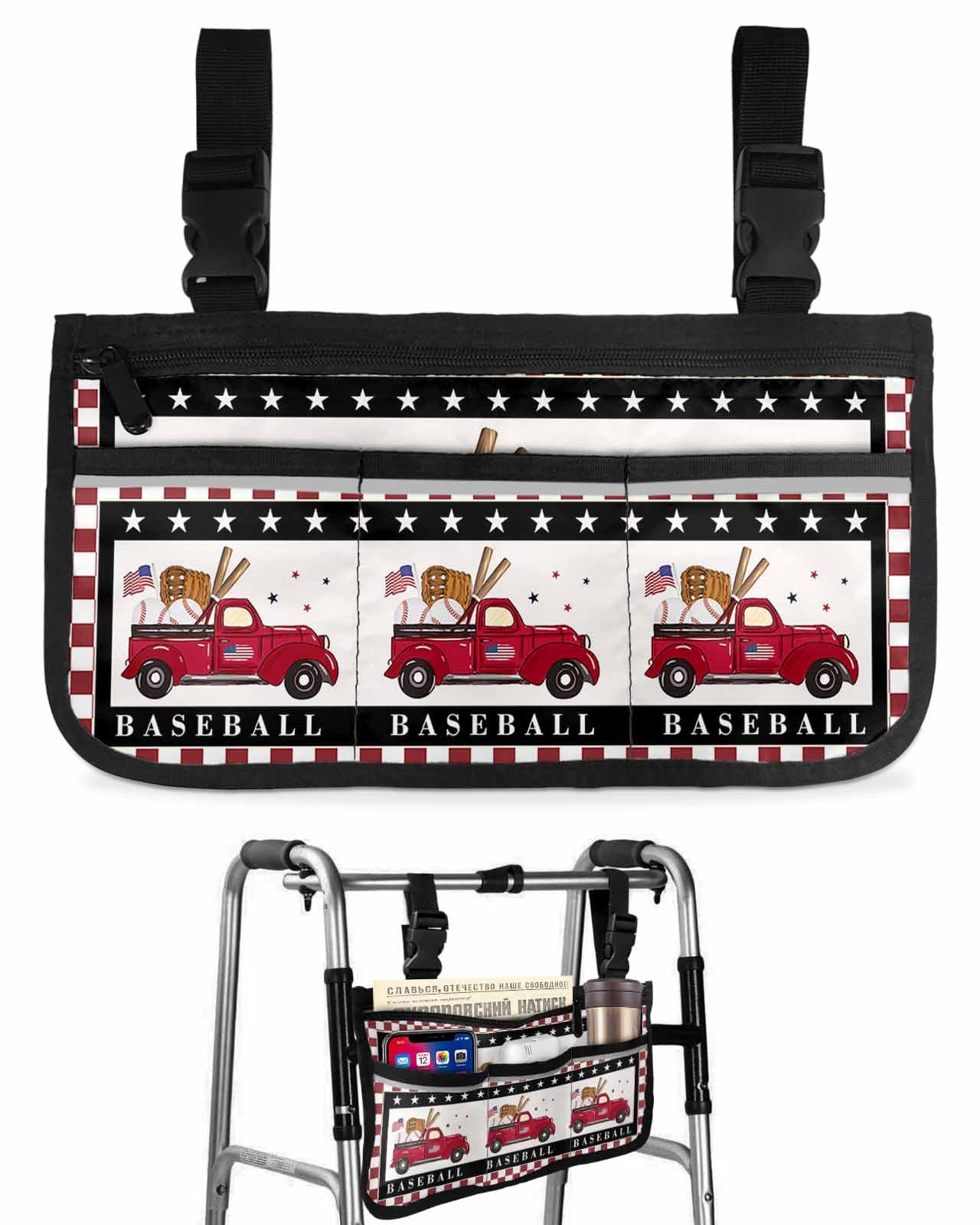 Wheelchair Armrest Bag - Red & White Plaid Organizer with Reflective Stripes for Walker, Rollator & Scooter
