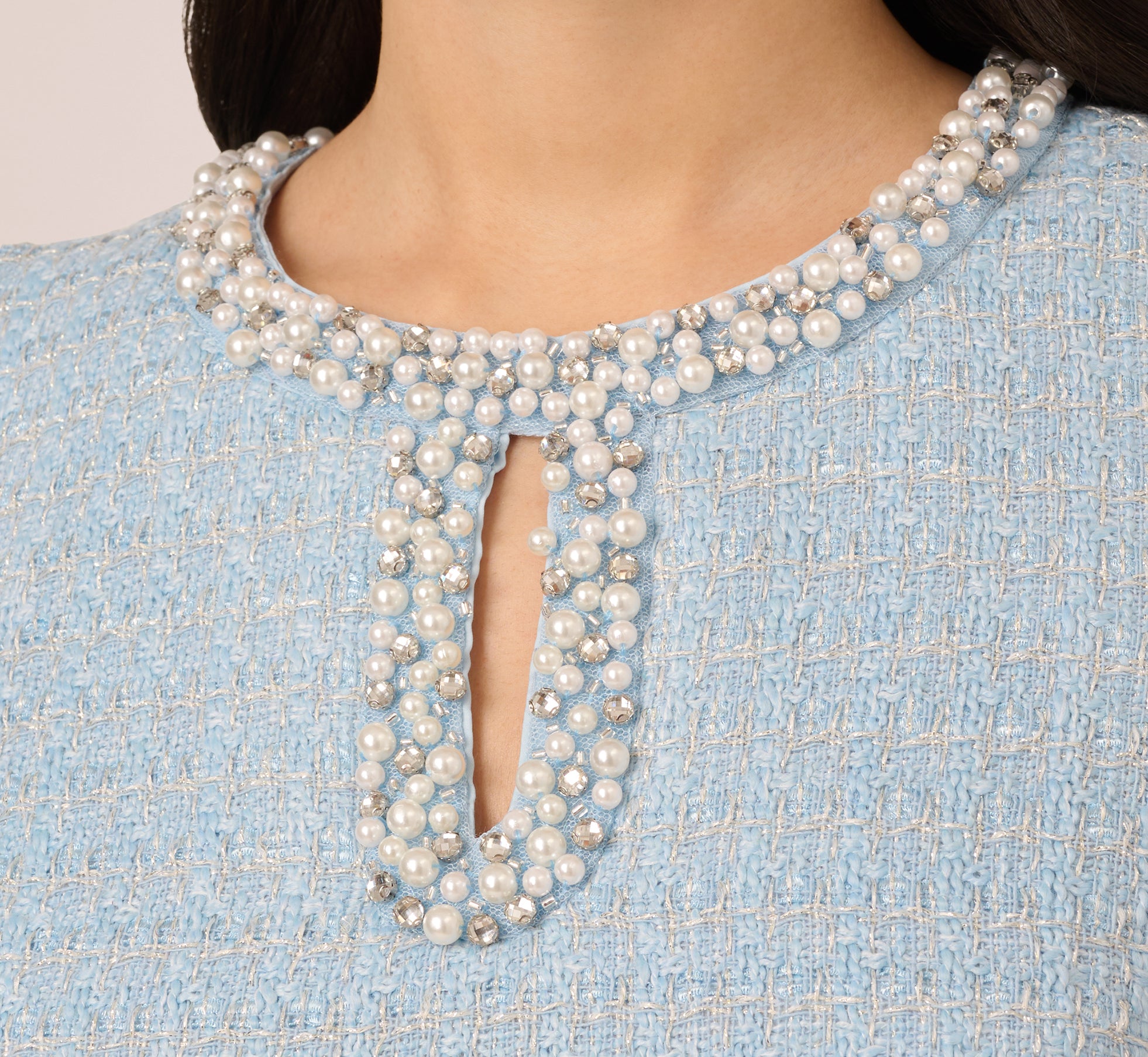 Light Blue Sleeveless Tweed Beaded Keyhole Shift Dress for Women - Elegant Cocktail Party & Summer Wedding Guest Outfit