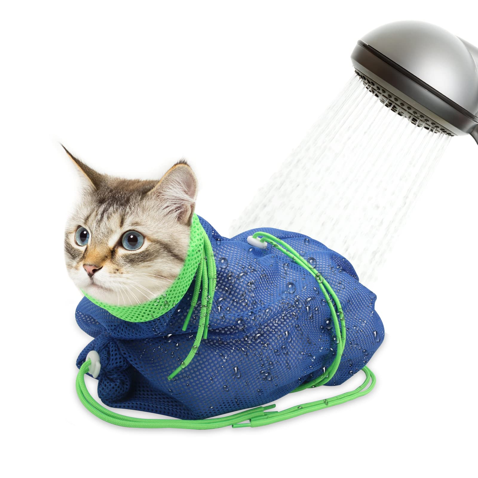Breathable Mesh Cat Bathing Bag - Adjustable Anti-Scratch Pet Grooming Bag for Nail Trimming, Washing & Shower - Soft Polyester Cat Washing Bag (Blue-Green) - Perfect for Stress-Free Cat Grooming at Home or Vet Visits