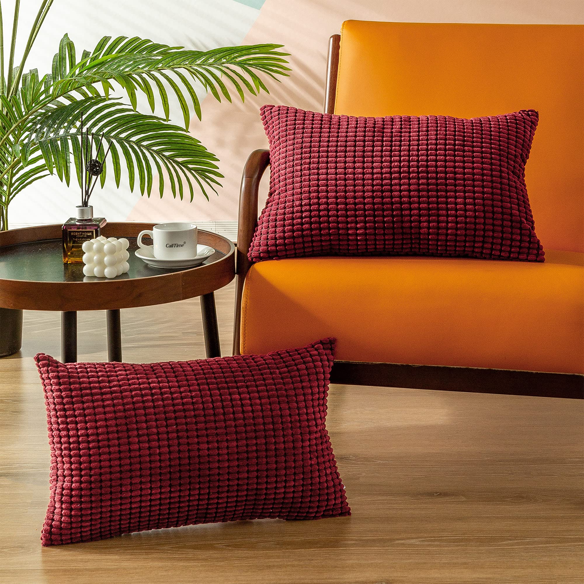 Premium Corduroy Throw Pillow Covers Set of 2 - 12x20 Inch Striped Waffle Textured Decorative Cushion Cases for Sofa, Couch & Bed - Farmhouse Home Decor in Burgundy - Perfect for Living Room, Bedroom & Cozy Reading Nook