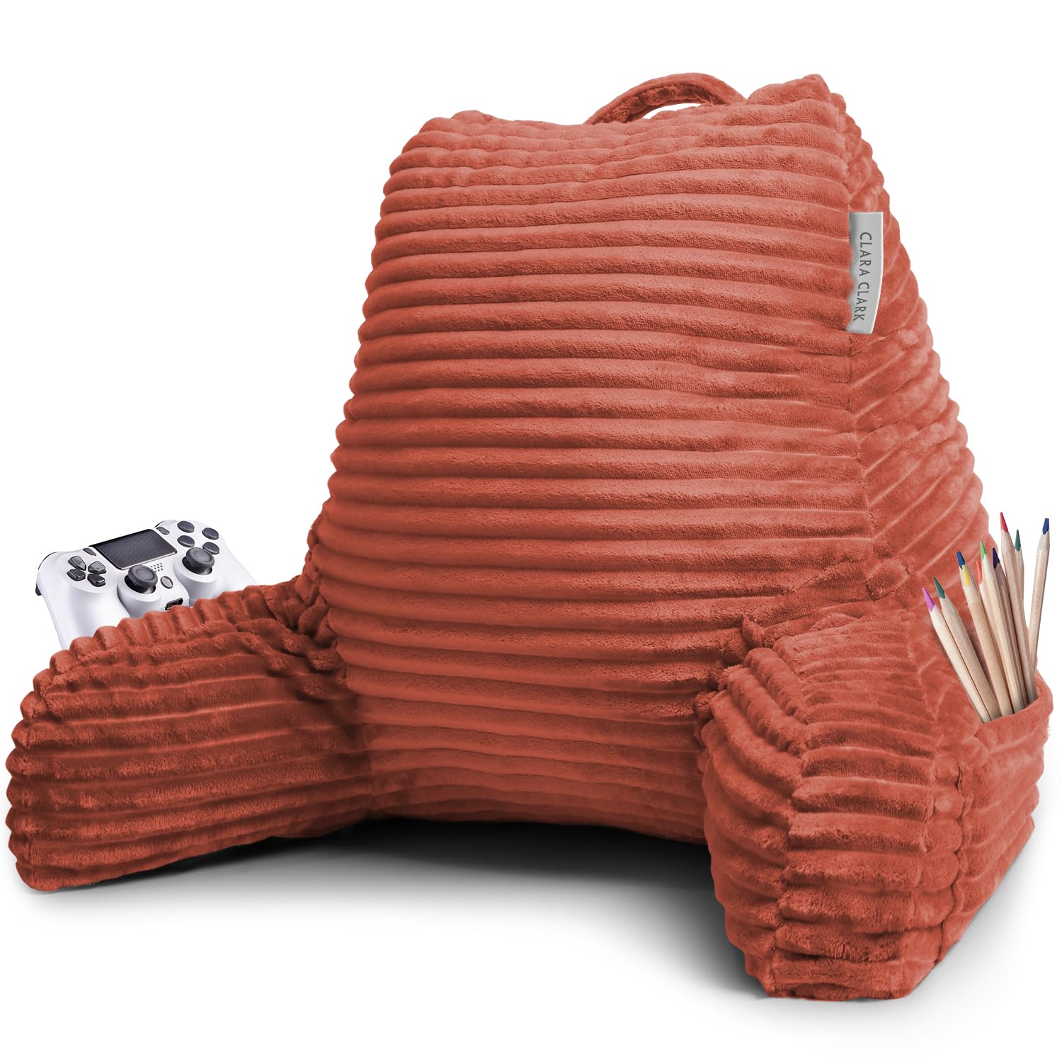 Clara Clark Reading Pillow for Adults - Plush Back Support Pillow with Arms & Pockets for Sitting Up in Bed, Sofa or Floor - Shredded Foam Bed Rest Pillow Perfect for Reading, Watching TV & Relaxing