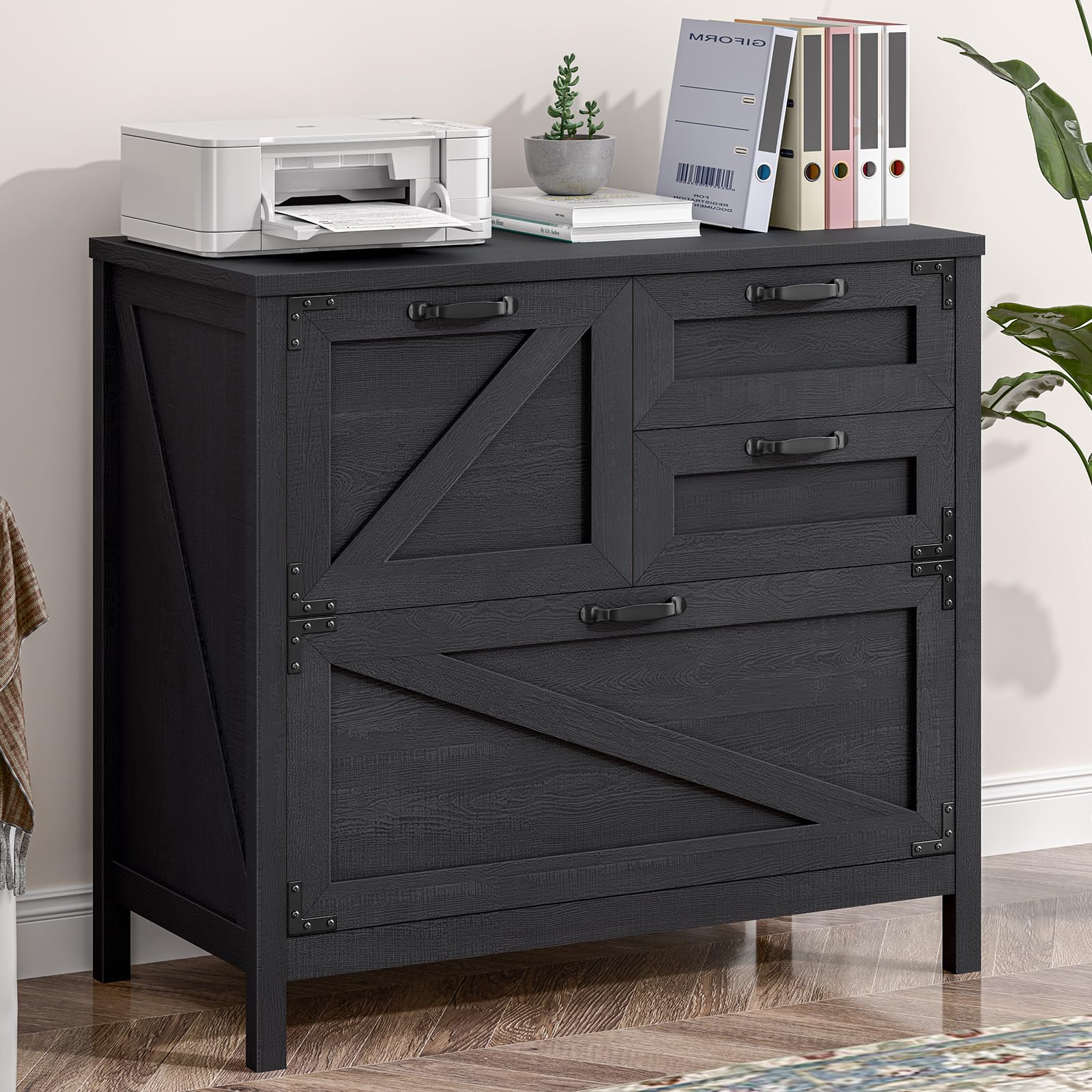 4-Drawer Wood Lateral File Cabinet for Hanging Files - Letter/A4/Legal Size - Farmhouse Office Storage Cabinet with Printer Stand - Black - Perfect for Home Office, School, and Business Organization