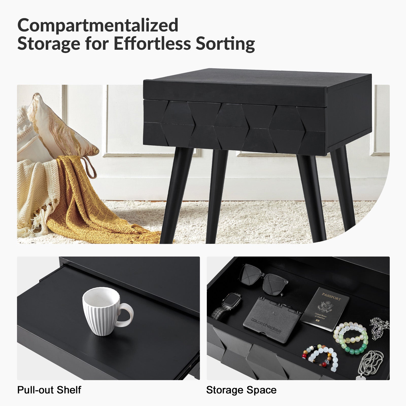 Vivian Mid-Century Modern Nightstand with USB Charging Station - Wooden Bedside Table with Drawer & Shelf - Perfect for Bedroom, Living Room, or Guest Room - Fast Charging & Stylish Storage Solution