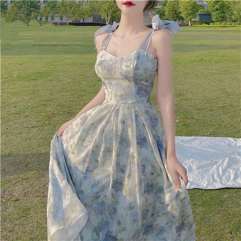 Elegant French Style Spaghetti Strap Floral Print Sweetheart Neckline Long Summer Dress for Women | Beach Wedding, Vacation, Date Night Outfit