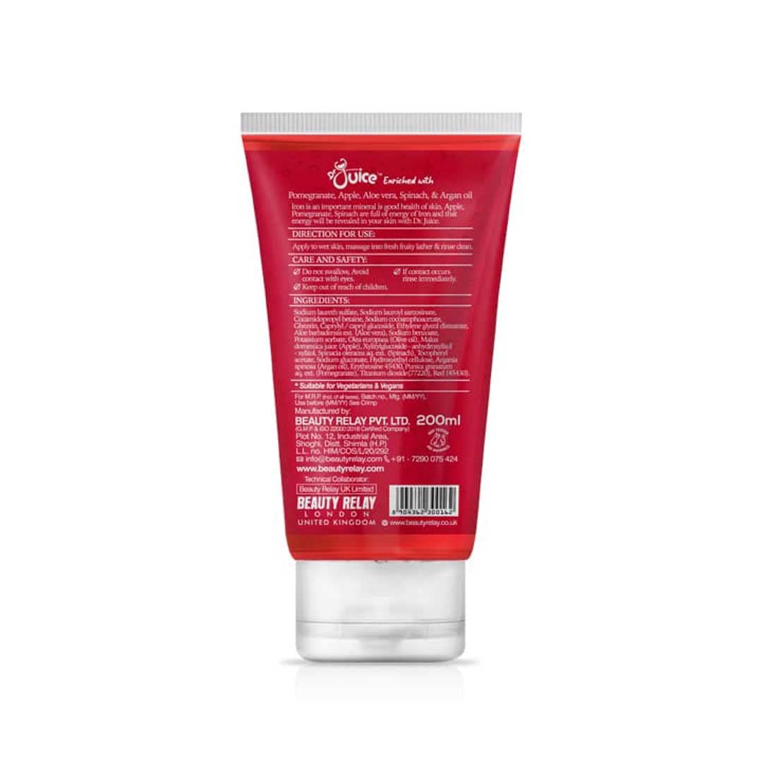 Beauty Relay London Dr. Juice 2-in-1 IRON POWER Moisturizing Face & Body Wash with Apple, Pomegranate, Spinach, Aloe Vera & Olive Oil - Refreshing Cleanser for Dry Skin (200ml) | Perfect for Daily Shower & Post-Workout Skincare Routine