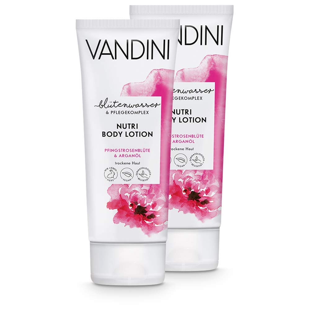 VANDINI Peony & Argan Oil Nourishing Body Lotion for Dry Skin - Vegan, Silicone-Free, Paraben-Free & Mineral Oil-Free Moisturizer (2x 200ml) - Perfect for Daily Hydration & Sensitive Skin Care