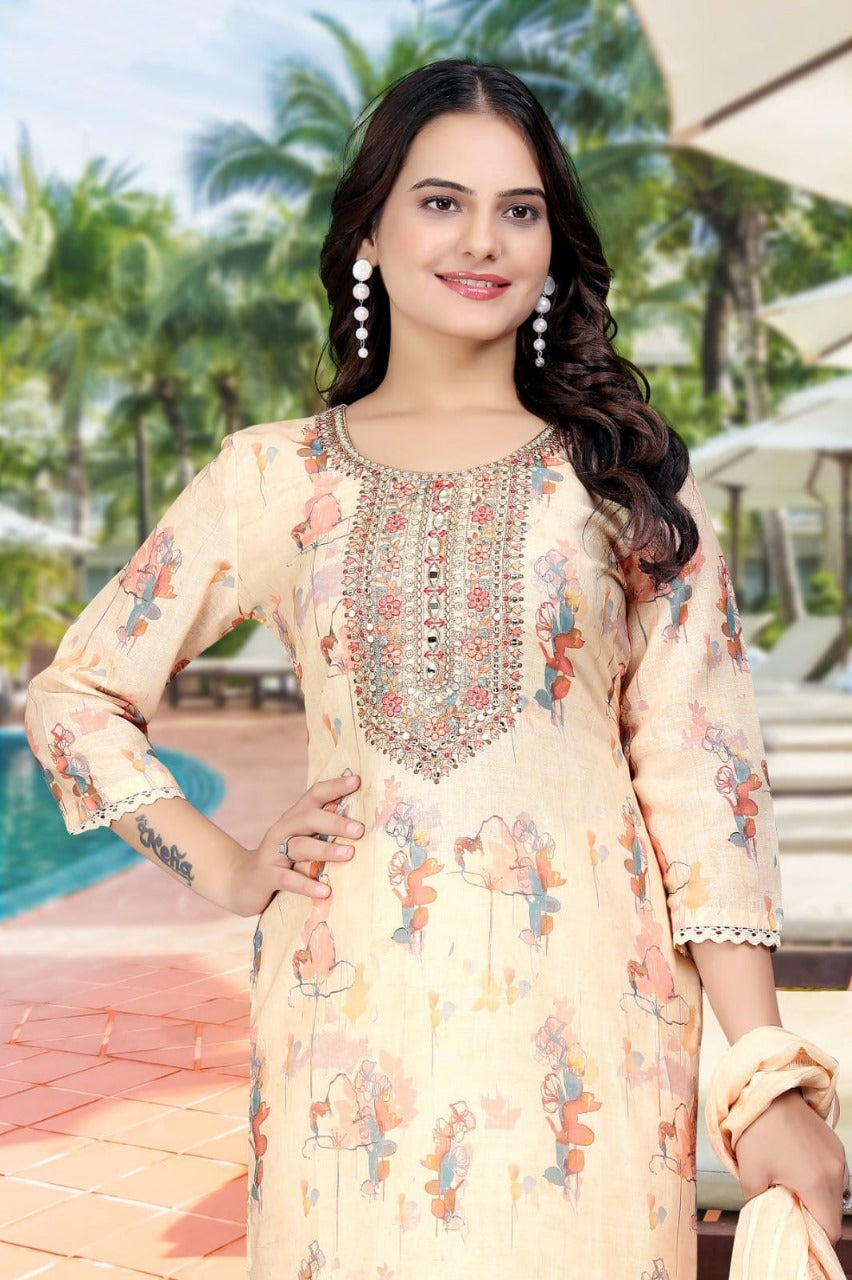 Elegant Peach Printed Linen Cotton Kurta & Pant Set with Dupatta for Women | Comfortable Ethnic Outfit for Festivals, Parties & Casual Wear (D1230)