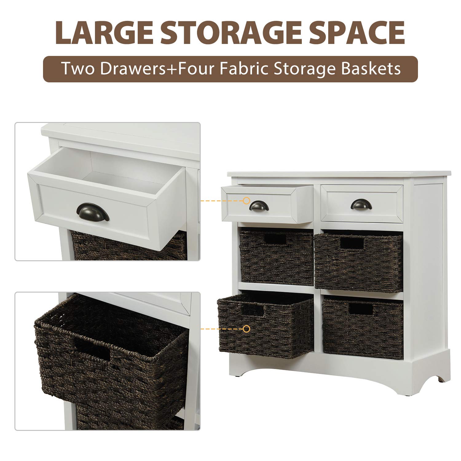Vintage Storage Chest with Rattan Baskets - Kitchen & Living Room Organizer (White)