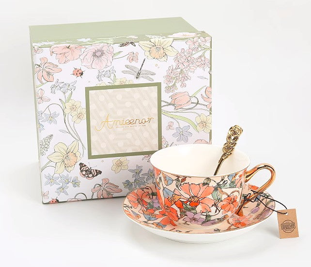 Premium Ceramic Coffee & Tea Cup Set - Elegant Bone China Porcelain with Saucers - British Royal Style Afternoon Tea Cups - Gift Boxed Tea Set for Home, Cafe & Special Occasions