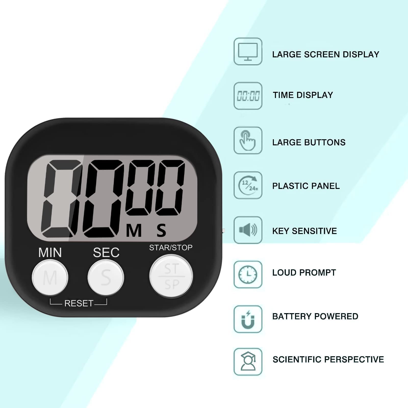 4-Piece Magnetic Kitchen Timer with Loud Alarm - Digital ON/OFF Switch Timer for Cooking, Kids, Study & Workouts (Black) - Perfect for Baking, Homework & Fitness Tracking