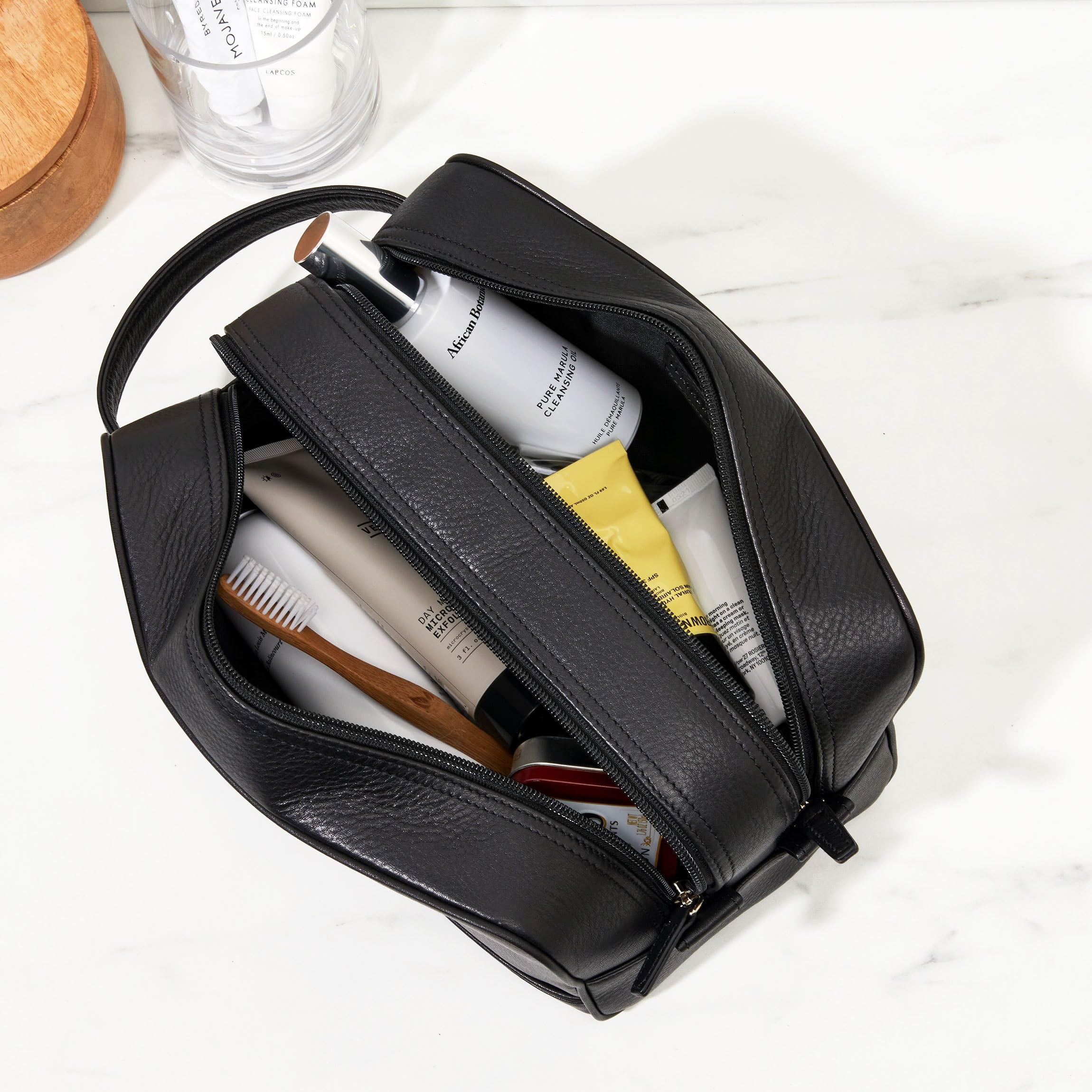 Premium Leather Small Double Zip Toiletry Bag for Travel & Organizer | Waterproof Cosmetic Case for Men & Women | Perfect for Gym, Vacation & Business Trips