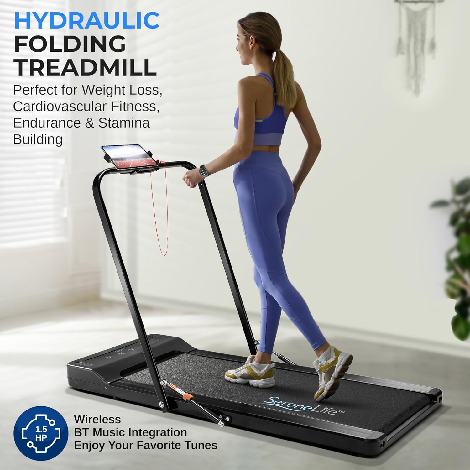 SereneLife Foldable 2-in-1 Treadmill & Walking Pad with Remote Control - Compact Under Bed/Desk Treadmill, 1.5HP Motor, 0.6-7.5MPH Speed, App Support - Easy Assembly & Storage for Home Gym, Office Workout, Walking & Jogging - Supports 265lbs Weight Capacity