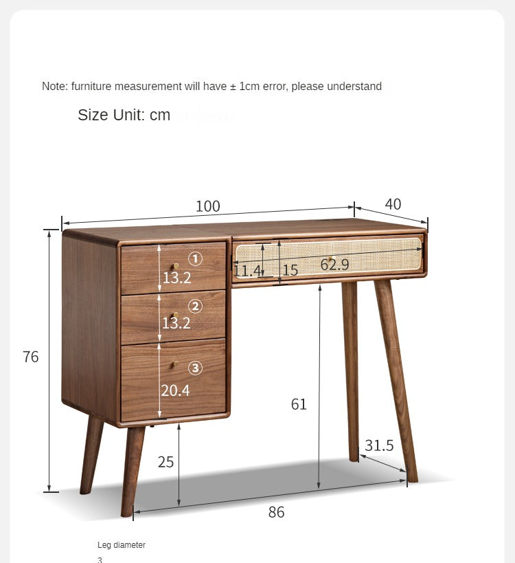 Premium Black Walnut Solid Wood Rattan Vanity Dressing Table - Elegant Makeup Desk with Mirror for Bedroom, Bathroom & Boudoir Organization