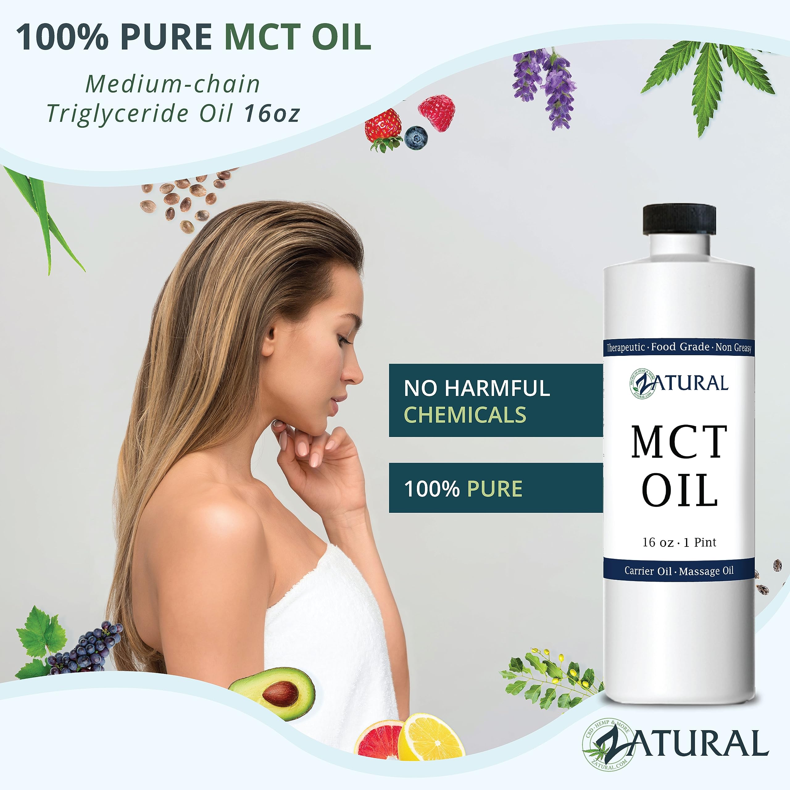 Pure MCT Oil 16oz - Premium Carrier Oil for Massage, Hair Care & Skin Hydration | Food & Therapeutic Grade Coconut Oil | Perfect for Keto Cooking, Aromatherapy & Natural Beauty Routines