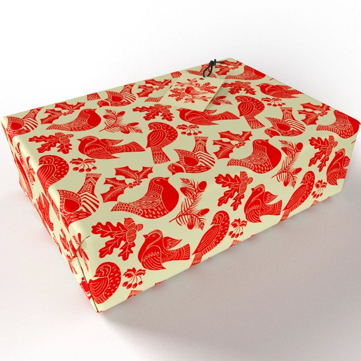 Christmas Folk Robins Red Wrapping Paper - Festive Holiday Gift Wrap for Presents, Cards & Decorations - Perfect for Christmas Gifts, Party Favors & Home Decoration