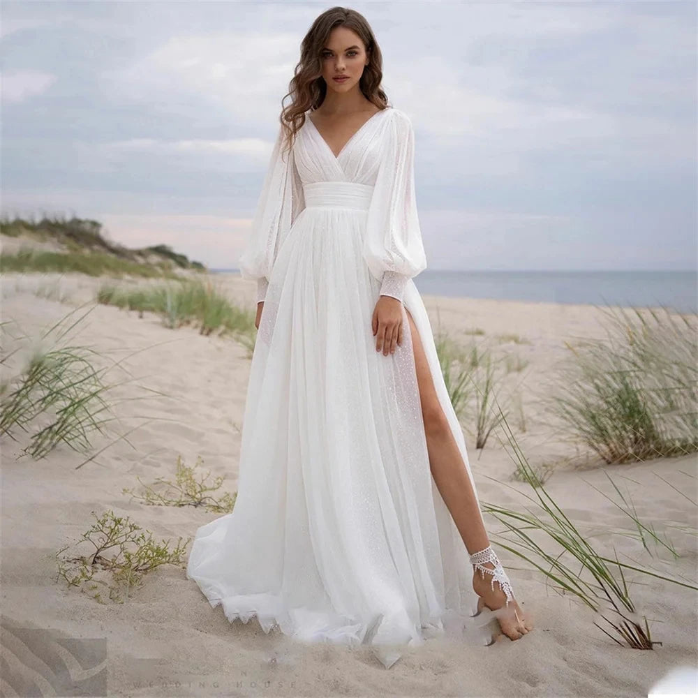 Boho Vintage Wedding Dress - Simple Tulle Bridal Gown with Long Puff Sleeves & Sweetheart Neckline | Perfect for Beach, Garden & Outdoor Boho Chic Weddings