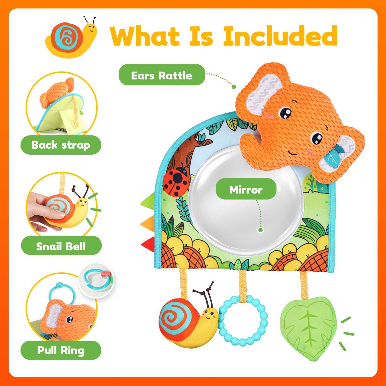 Baby Car Seat Toys - Mirror, Teether & Crinkle Paper for Travel & Tummy Time